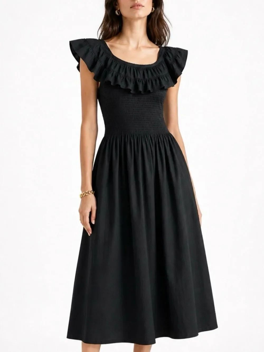 HILL HOUSE The Nap Dress Black Cotton Ruffle Off-Shoulder Smocked Midi Size XS